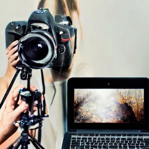 una persona fotografiando y una computadora de escritorio a su lado