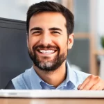 hombre de camisa sonriendo feliz en una oficina