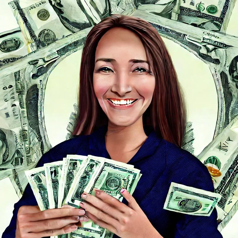 una mujer sonriendo con dolares en sus manos y un fondo de billetes